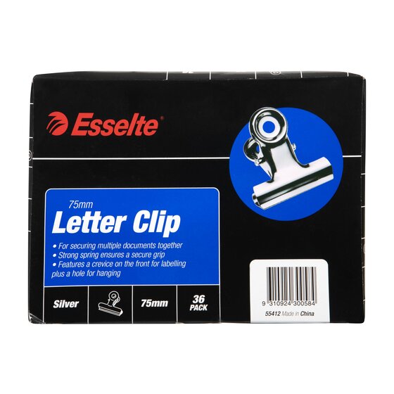 Black Esselte 75mm Letter Clip box printed Silver, 75mm and 36 PACK with a barcode panel reading 55412 Made in China