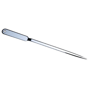 Silver stainless steel Esselte letter opener with a flat handle, round hole at the end and a long tapered blade