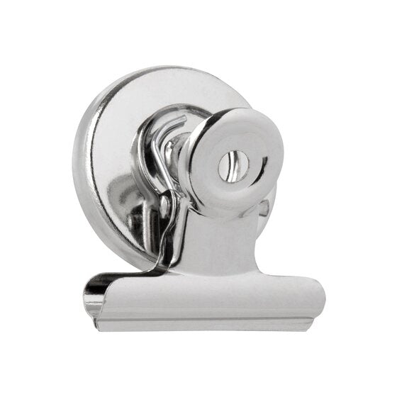 Esselte 31784 round magnetic letter clip, chrome spring clip mounted on a round magnet disc, seen from a three quarter angle