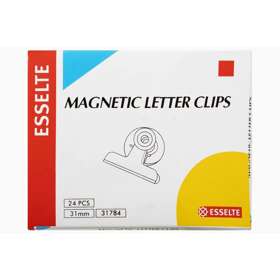Esselte Magnetic Letter Clips box with a red side panel, line drawing of the clip and boxes printed 24 PCS and code 31784