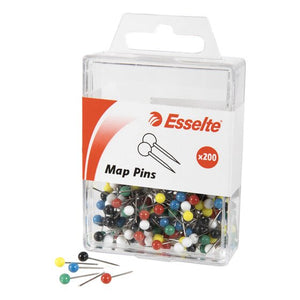 Esselte Map Pins x200 hanging pack with mixed coloured round heads inside and a few loose map pins lying in front