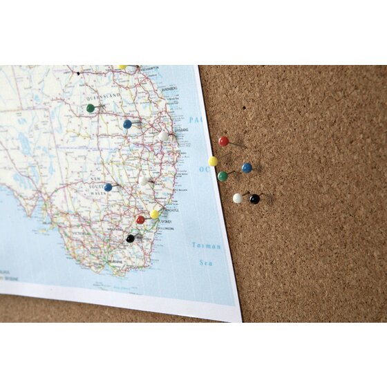 Coloured map pins marking towns on a road map of south east Australia pinned to a cork board