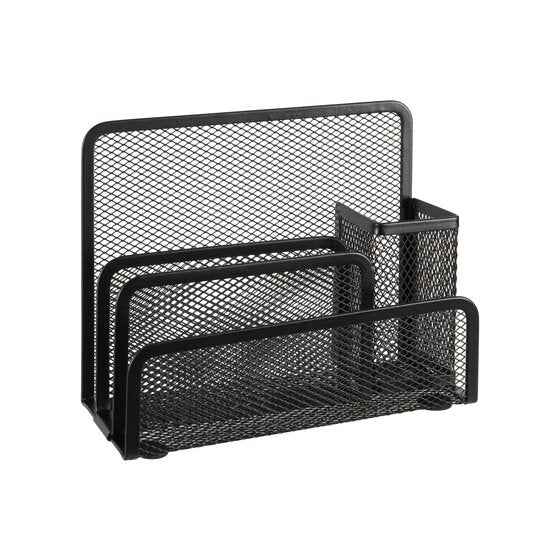 Esselte 48459 black steel mesh desk organiser from the front, tall mesh back panel, lower paper slots and a square pen cup on the right
