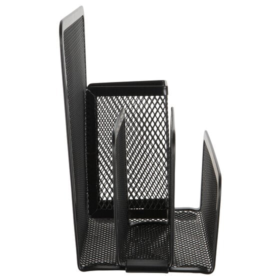 Side view of the black mesh desk organiser showing the tall back panel, the pen cup and the lower mesh dividers