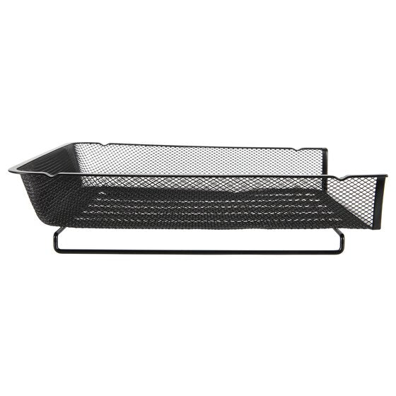Front view of the black mesh portrait tray showing its lowered front edge and the wire legs beneath