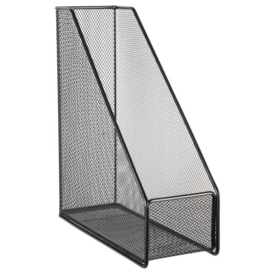 Black steel mesh Esselte magazine file standing upright, tall back and low sloping open front with solid black edges