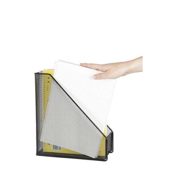 Hand placing a notepad into a black mesh magazine file already holding notebooks and papers