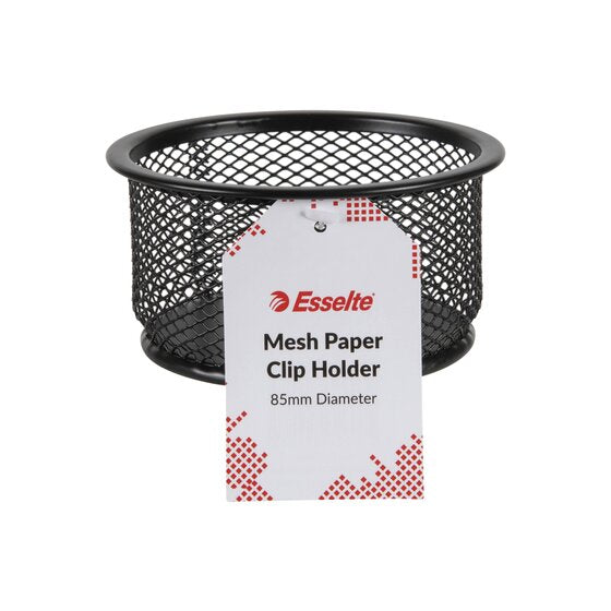 Esselte black steel mesh paper clip holder with its white swing tag printed Mesh Paper Clip Holder 85mm Diameter