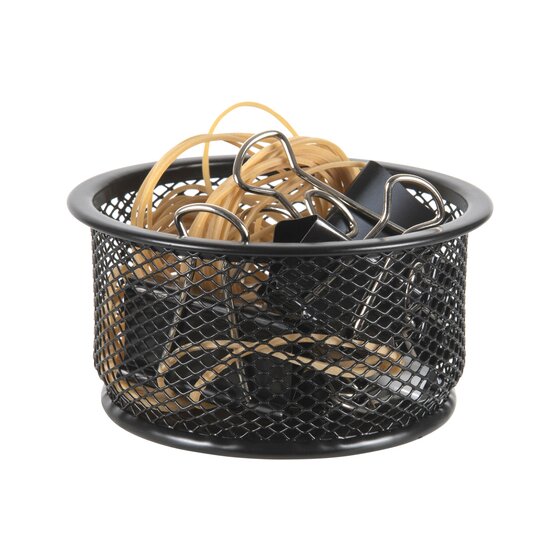 Black mesh paper clip holder filled with rubber bands, black bulldog clips and silver paper clips