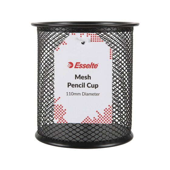 Round black Esselte steel mesh pencil cup with a white tag reading Mesh Pencil Cup, 110mm Diameter