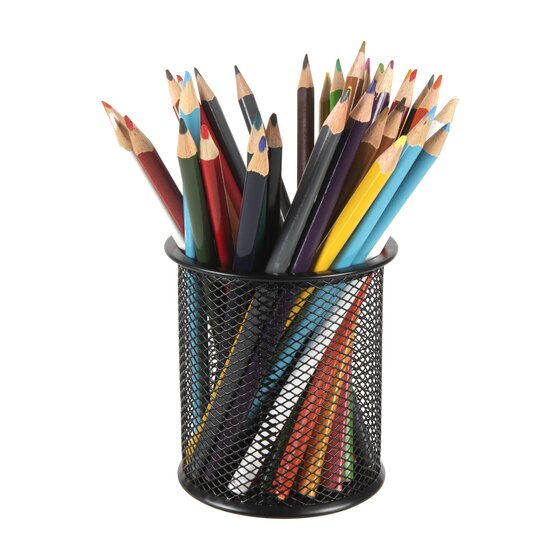 The black mesh pencil cup filled with a full set of coloured pencils standing upright