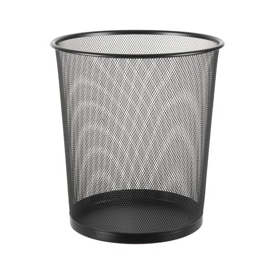Esselte black metal mesh 10 litre waste bin from the side, showing the fine steel mesh walls and rolled top rim