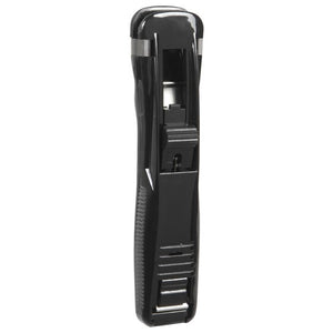Esselte Nalclip Medium dispenser standing upright on its end, a black moulded holder with a silver metal clip showing at the top