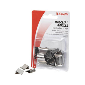 Esselte Nalclip Refills Stainless Steel Large blister card, Pack 25, with loose large clips in the bubble and two clips beside it