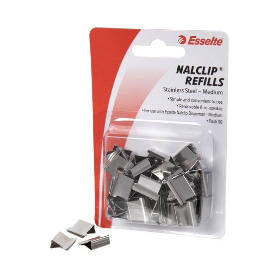 Esselte Nalclip Refills Stainless Steel Medium blister card, Pack 50, loose clips in the bubble and three clips lying in front