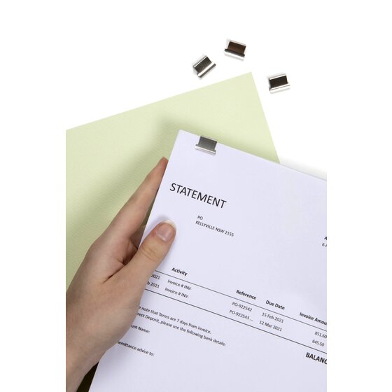 Three medium Nalclip clips above a hand holding a printed statement on green paper with a clip on its top edge