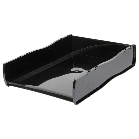 Esselte Nouveau 46795 black document tray at an angle, wave-shaped side walls and a smooth glossy base