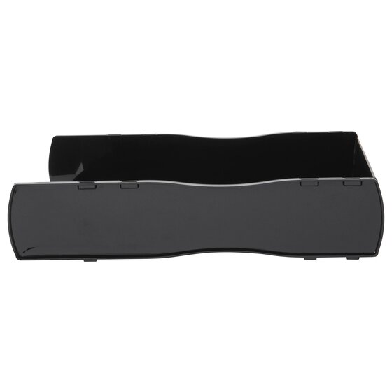 Front view of the black Nouveau tray showing the low cut front and the stacking lugs on the side walls