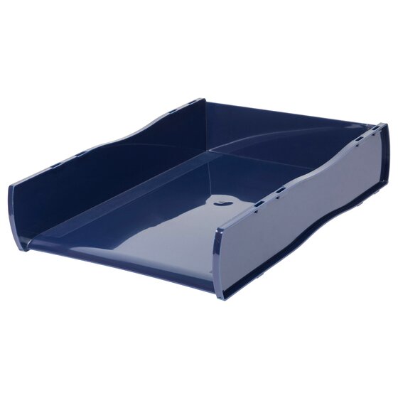 Esselte Nouveau 46802 document tray in Blue Directors deep navy, angled view showing the wave-shaped side walls