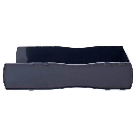 Front view of the navy Nouveau tray with its low cut front and side stacking lugs