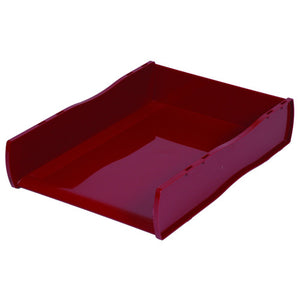 Esselte Nouveau Document Tray in Burgundy, A4 size, showing stackable tray from a front-angle view on a clean desk surface