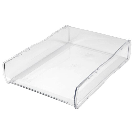 Esselte Nouveau 47482 clear document tray at an angle, transparent wave-shaped walls and base