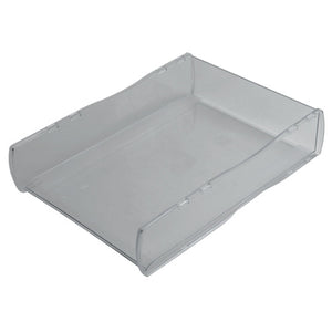 Esselte Nouveau clear stackable document tray, A4 size, viewed from front angle on a white background