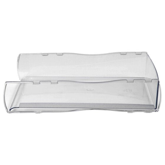 Front view of the clear Nouveau tray showing the low cut front and side stacking lugs
