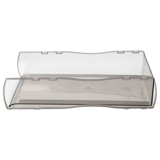 Front view of the smoke Nouveau tray showing the low cut front and stacking lugs on the tinted sides