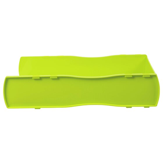 Front view of the lime Nouveau tray showing its low cut front and the side stacking lugs