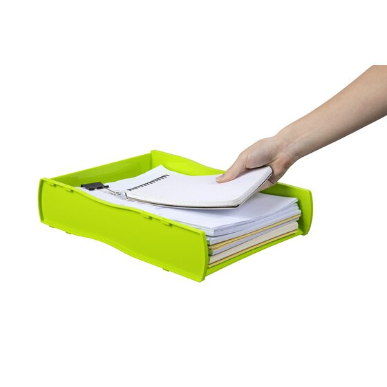 A hand placing a notebook onto papers in the Summer Lime Nouveau tray