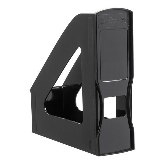 Black glossy Esselte Nouveau magazine file with an Esselte logo on the tall back, triangular side cut-out and finger hole