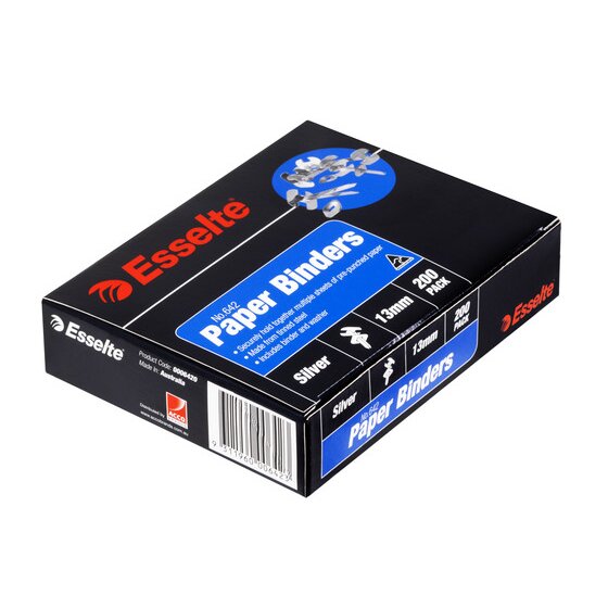 Esselte No.642 Paper Binders box of 200 seen from above at an angle, black box with a blue label and barcode panel