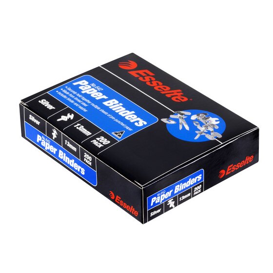 Esselte Paper Binders 13mm box lying at an angle, side panel printed with the size and 200 pack