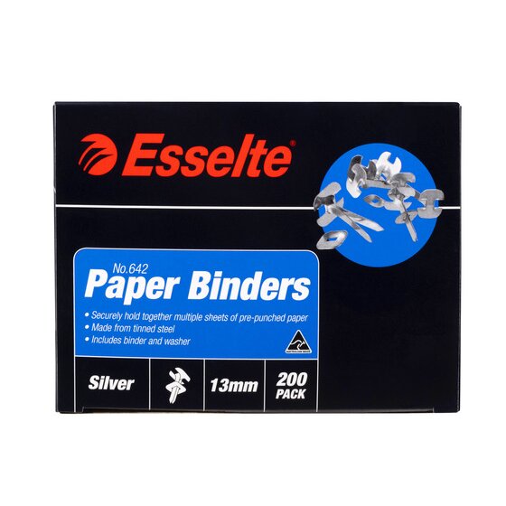 Esselte Paper Binders 13mm silver tinned steel split pins, box of 200, ACCO product shot showing retail packaging with Esselte branding and No.642 size information