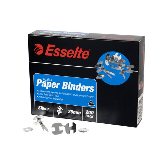 Esselte Paper Binders 25mm silver tinned steel split pins lifestyle shot showing binders with punched documents in a filing environment