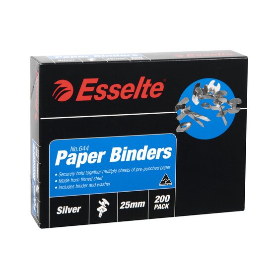 Esselte Paper Binders 25mm silver tinned steel split pins close-up detail showing prong length and washer construction on white background