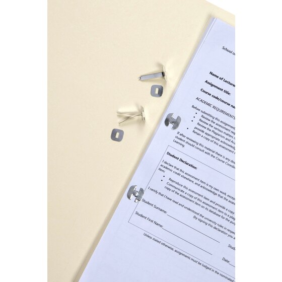 Esselte Paper Binders 25mm silver split pins securing a stack of punched documents inside an office archive file