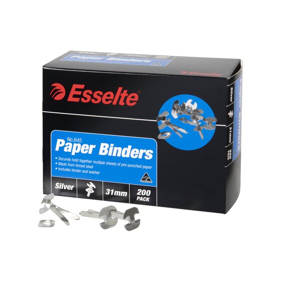 Esselte No.645 Paper Binders box, 31mm, 200 pack, with silver binders and washers laid out in front