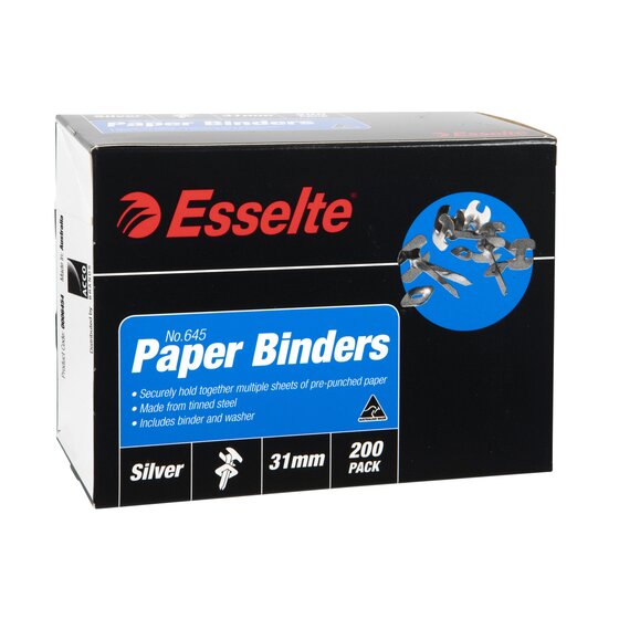 Black Esselte box front with blue label printed No.645 Paper Binders, Silver, 31mm, 200 Pack