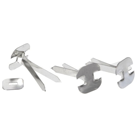 Pair of silver Esselte 31mm paper binders, one closed and one with its washer in place