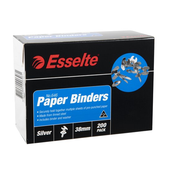 Front of the Esselte box printed No.646 Paper Binders, Silver, 38mm, 200 Pack