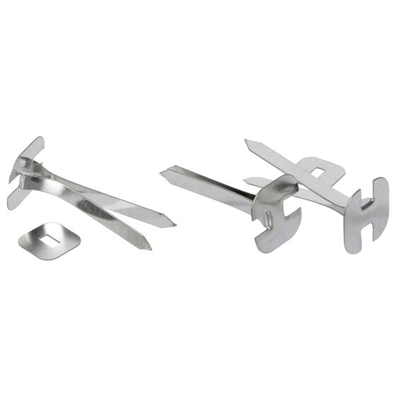 Two long silver Esselte 38mm paper binders lying side by side, one with a washer fitted