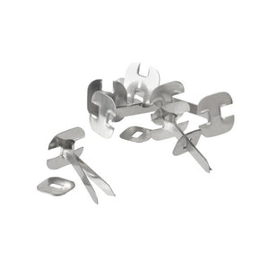 Loose silver Esselte paper binders with flat heads and pointed split legs, lying with square washers, ACCO image for the 63mm code
