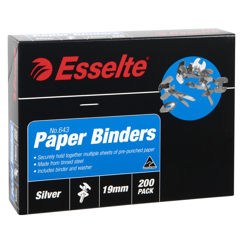 Front of the black and blue Esselte No.643 Paper Binders box marked Silver, 19mm, 200 pack