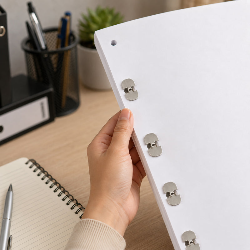A hand holding a white paper stack with silver paper binders along its edge, desk in the background