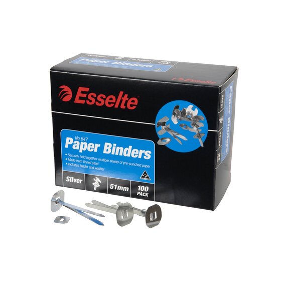 Esselte No.647 Paper Binders 51mm 100 pack box with long silver binders and washers laid in front