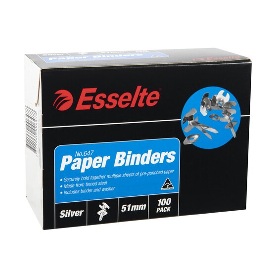 Black and blue Esselte No.647 Paper Binders box at an angle, marked 51mm, 100 pack, Silver