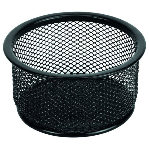 Esselte black steel mesh paper clip holder on a desk