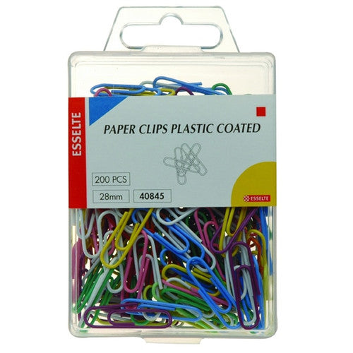 Esselte 28mm plastic coated paper clips in assorted colours, box of 200 in a reusable plastic case